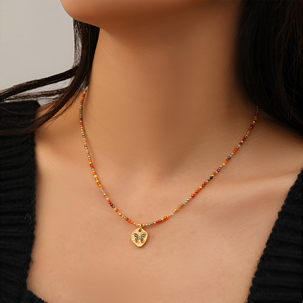 Butterfly Charm Stone Bead Necklace