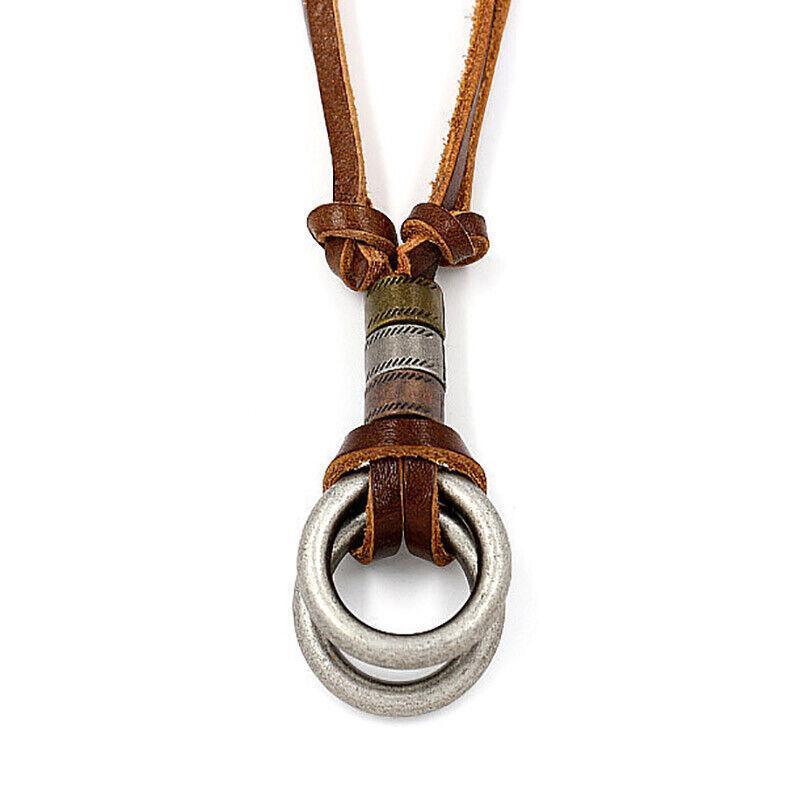 Unisex Alloy Double Ring Cord Leather Pendant Necklace