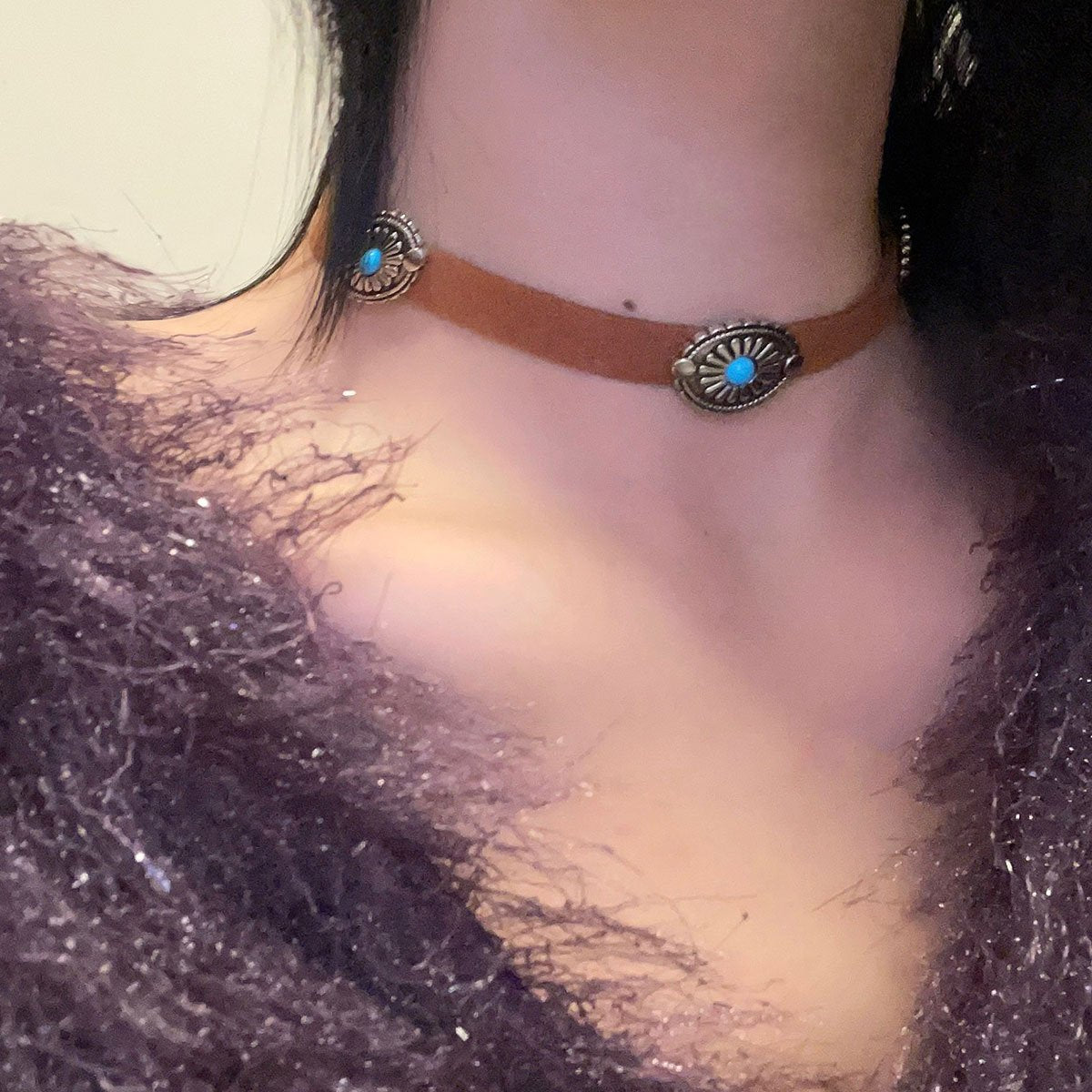 Brown Leather Turquoise Choker for Women with Silver and Turquoise Accents