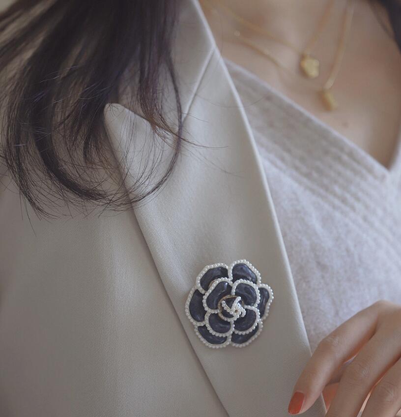 Enamel Camellia Pearl Rose Flower Brooch