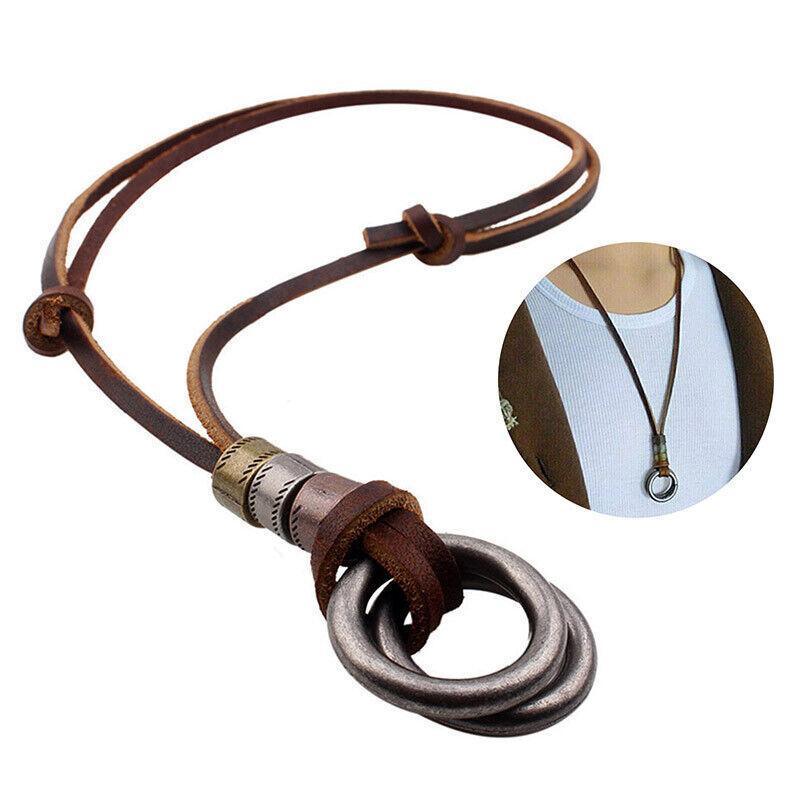 Unisex Alloy Double Ring Cord Leather Pendant Necklace