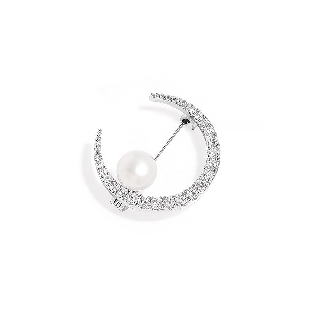 Moon Shaped Pearl Brooch with Rhinestones