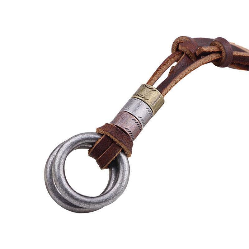Unisex Alloy Double Ring Cord Leather Pendant Necklace