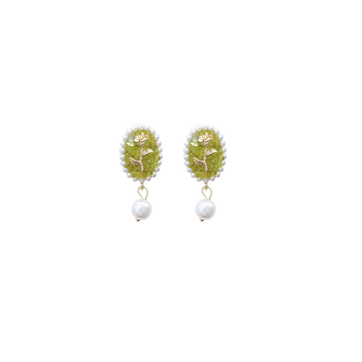 Vintage-inspired floral earrings with pearl drops.