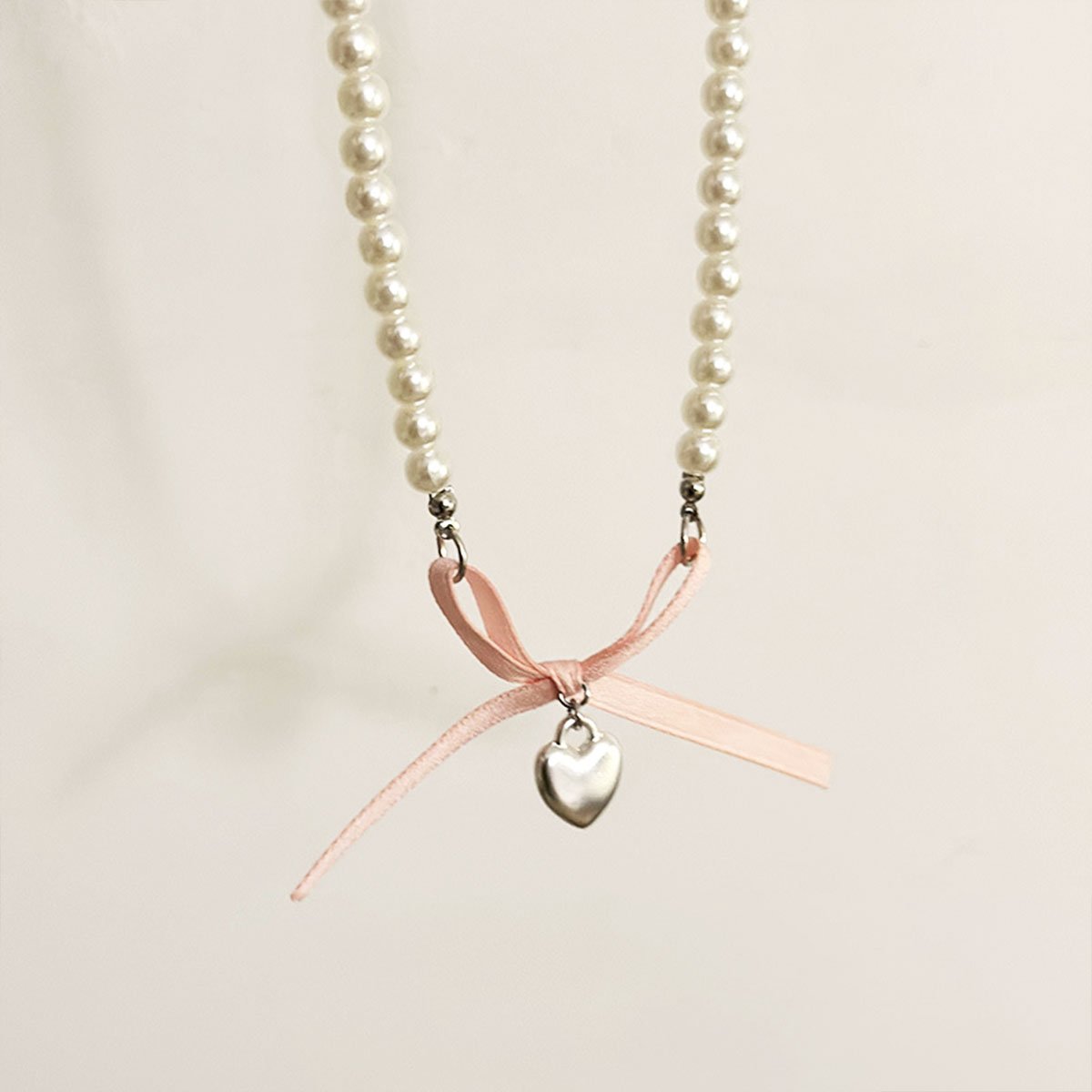 Pearl Necklace with Pink Bow and Heart