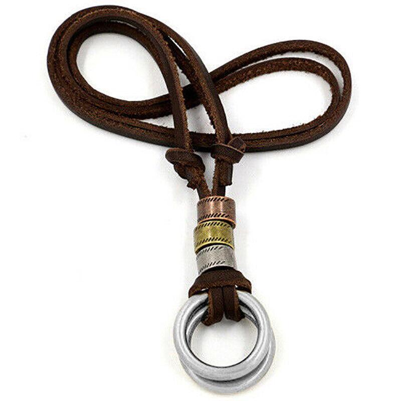 Unisex Alloy Double Ring Cord Leather Pendant Necklace