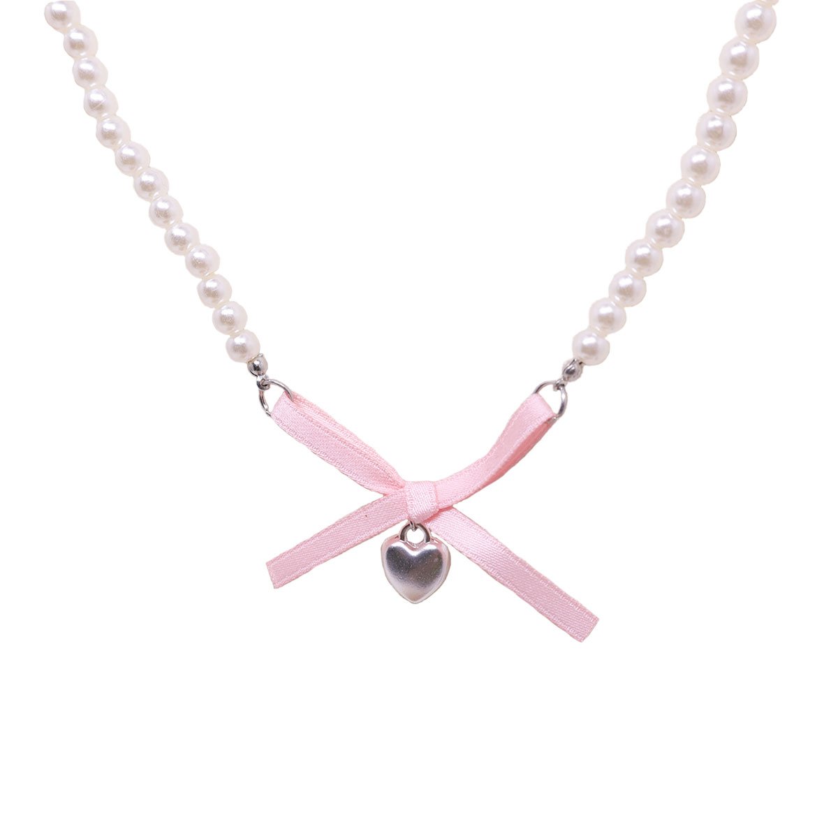 Pearl Necklace with Pink Bow and Heart