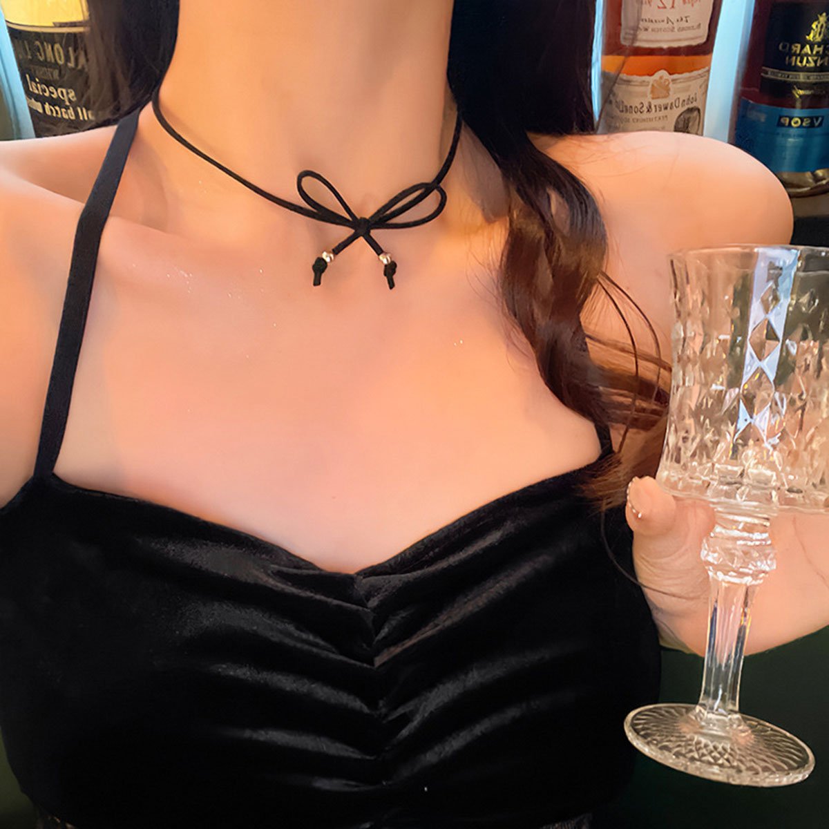 Black Velvet Bow Ribbon Choker with Silver Beads