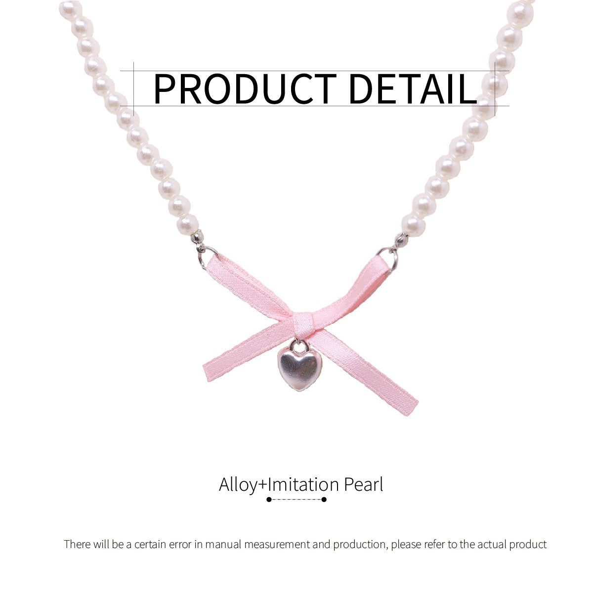 Pearl Necklace with Pink Bow and Heart
