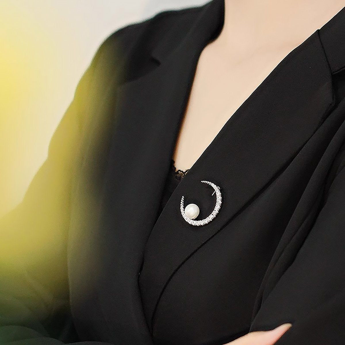 Moon Shaped Pearl Brooch with Rhinestones