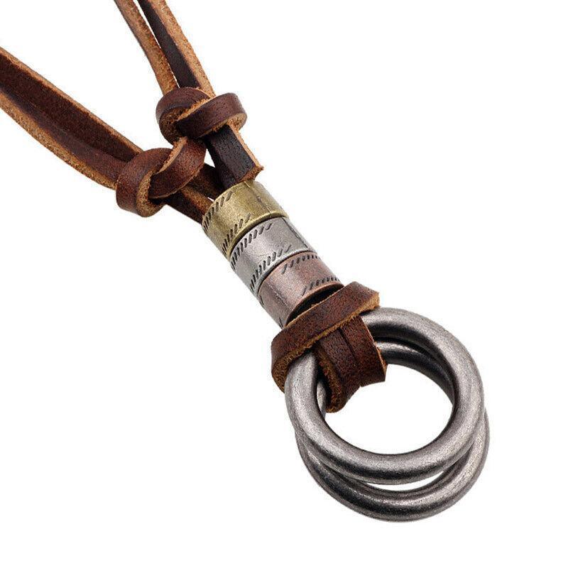 Unisex Alloy Double Ring Cord Leather Pendant Necklace