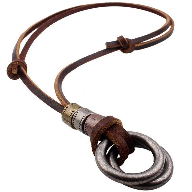 Unisex Alloy Double Ring Cord Leather Pendant Necklace