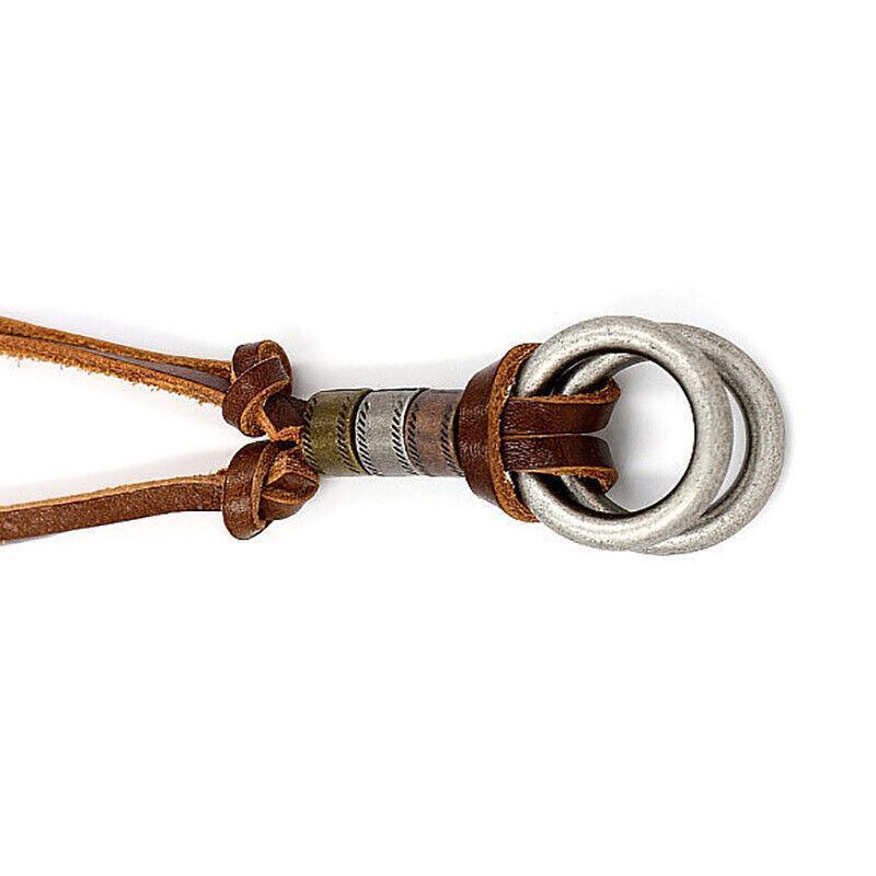 Unisex Alloy Double Ring Cord Leather Pendant Necklace