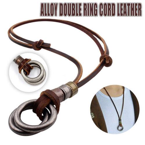 Unisex Alloy Double Ring Cord Leather Pendant Necklace