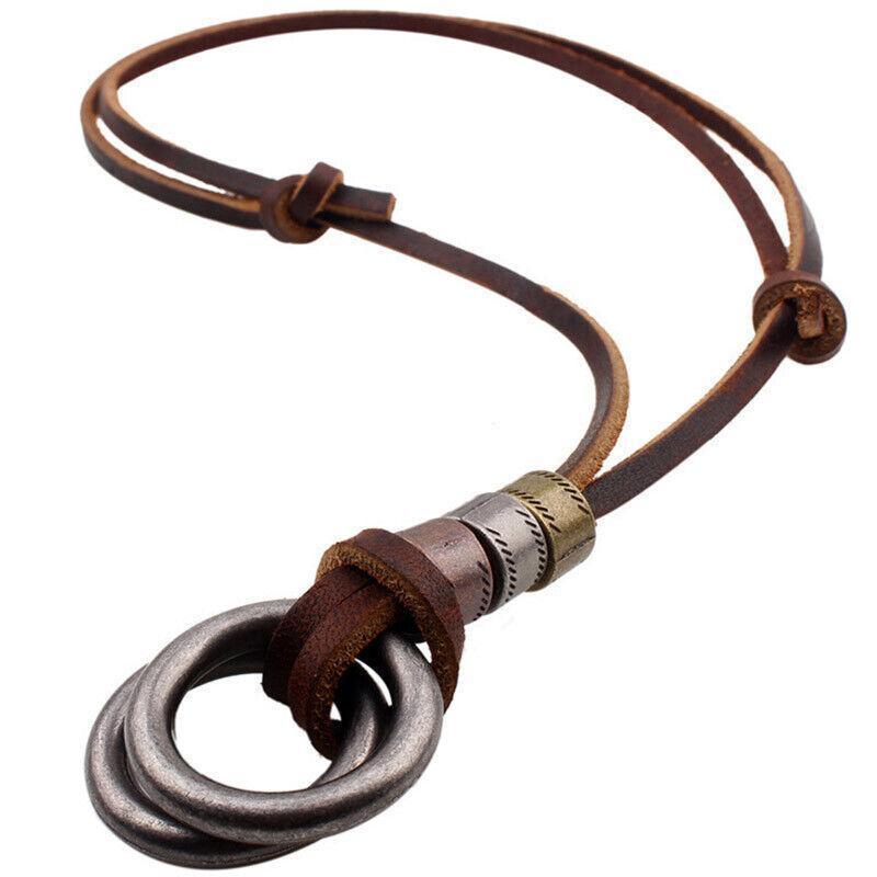 Unisex Alloy Double Ring Cord Leather Pendant Necklace