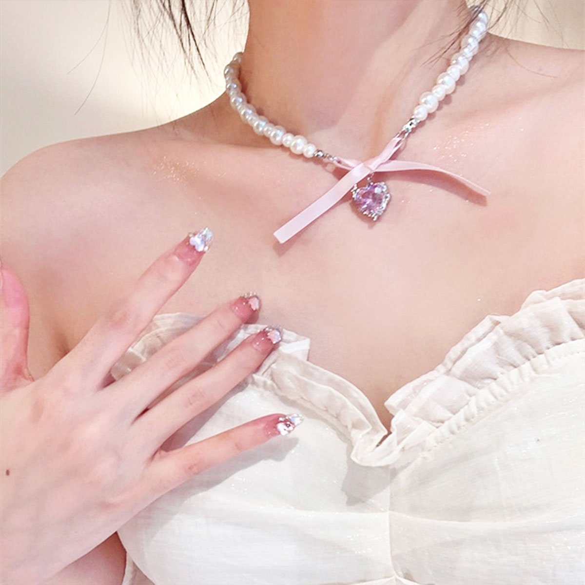 Pearl Necklace with Pink Bow and Heart