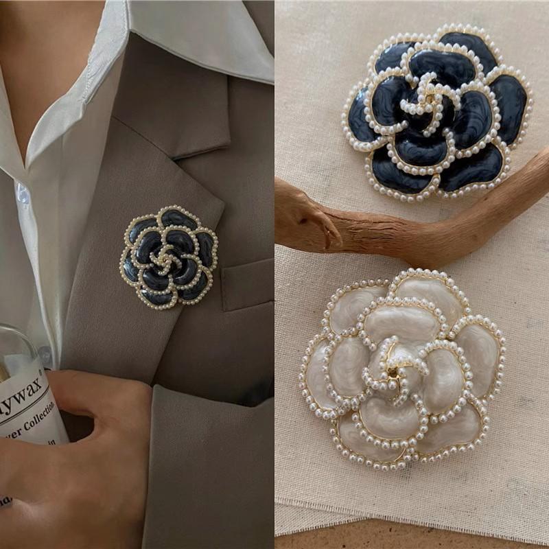Enamel Camellia Pearl Rose Flower Brooch