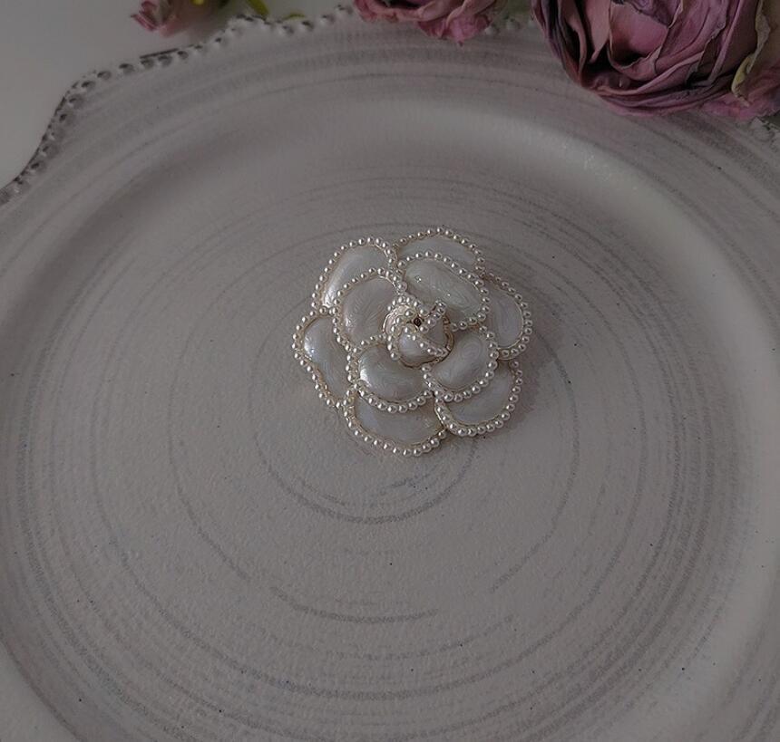 Enamel Camellia Pearl Rose Flower Brooch