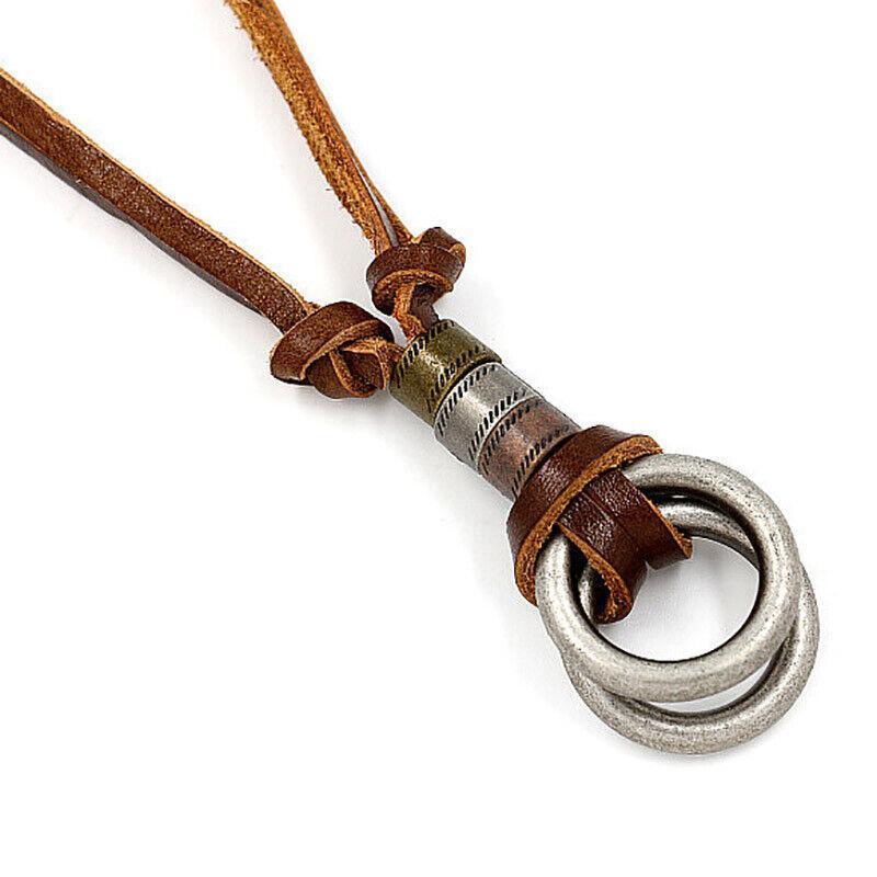 Unisex Alloy Double Ring Cord Leather Pendant Necklace