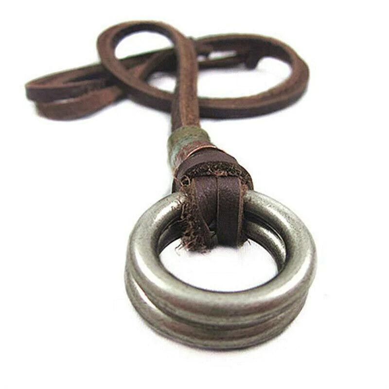 Unisex Alloy Double Ring Cord Leather Pendant Necklace