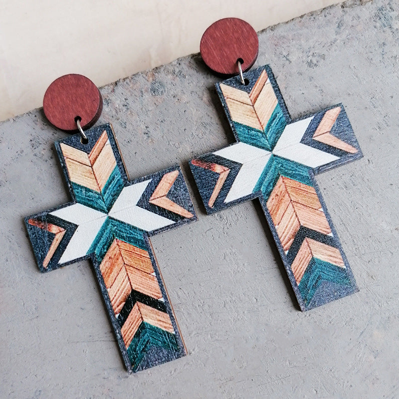 Wood Creative Pattern Cross Earrings