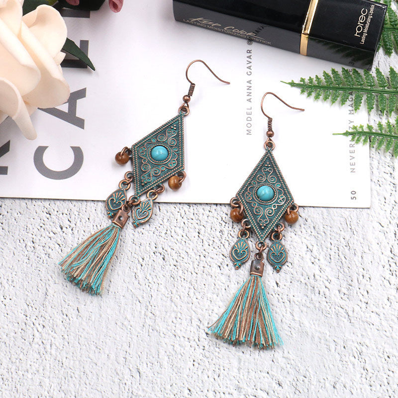 Turquoise Handmade Rhombus Tassel Earrings