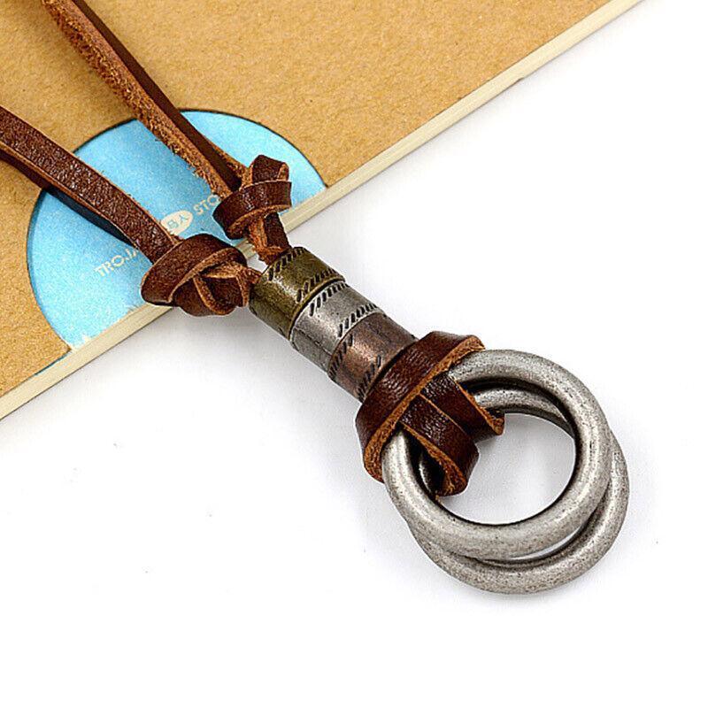 Unisex Alloy Double Ring Cord Leather Pendant Necklace