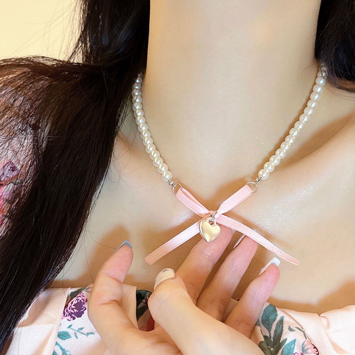Pearl Necklace with Pink Bow and Heart