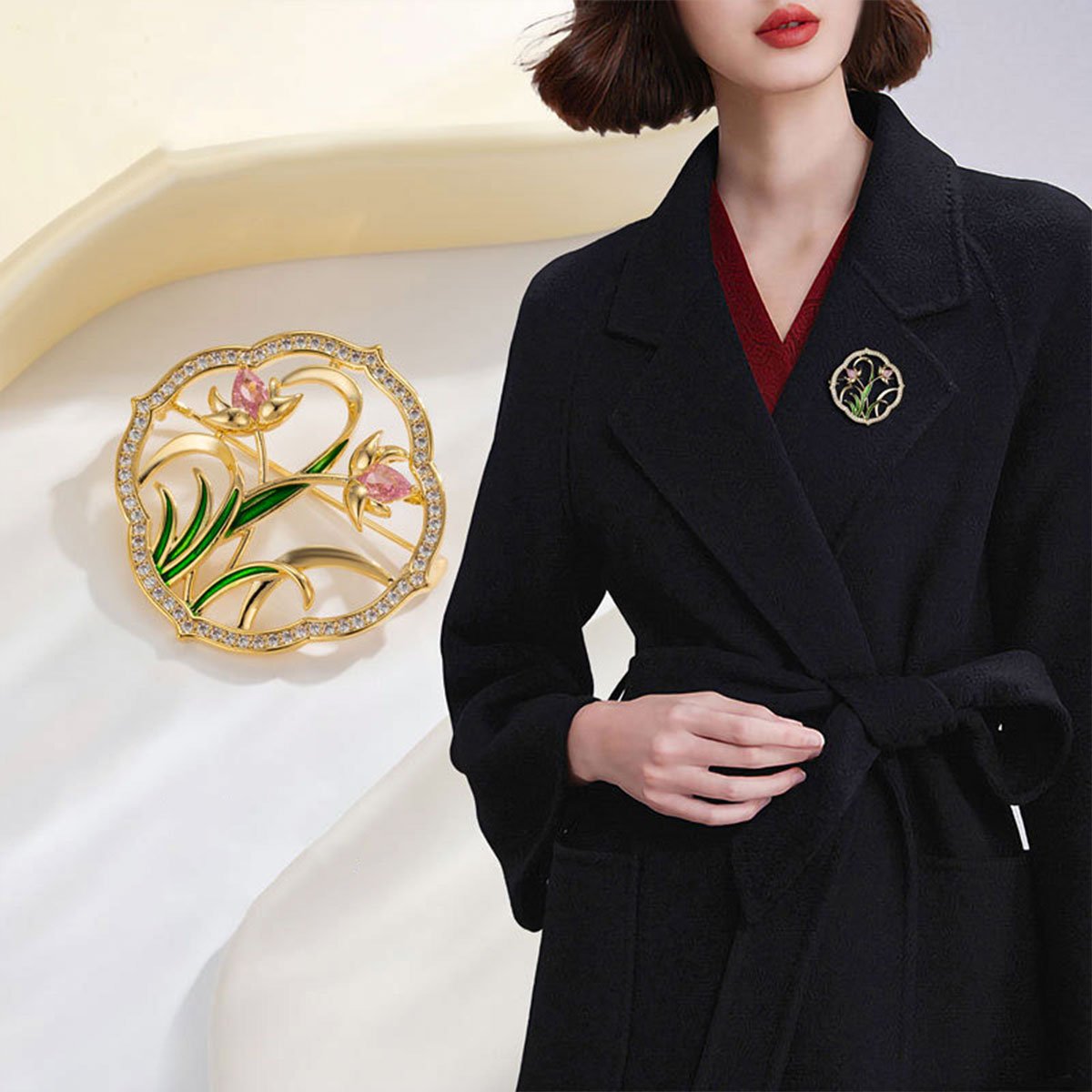 Elegant Gold Flower Brooch for Women with Pink and Green Enamel Accents and Rhinestones