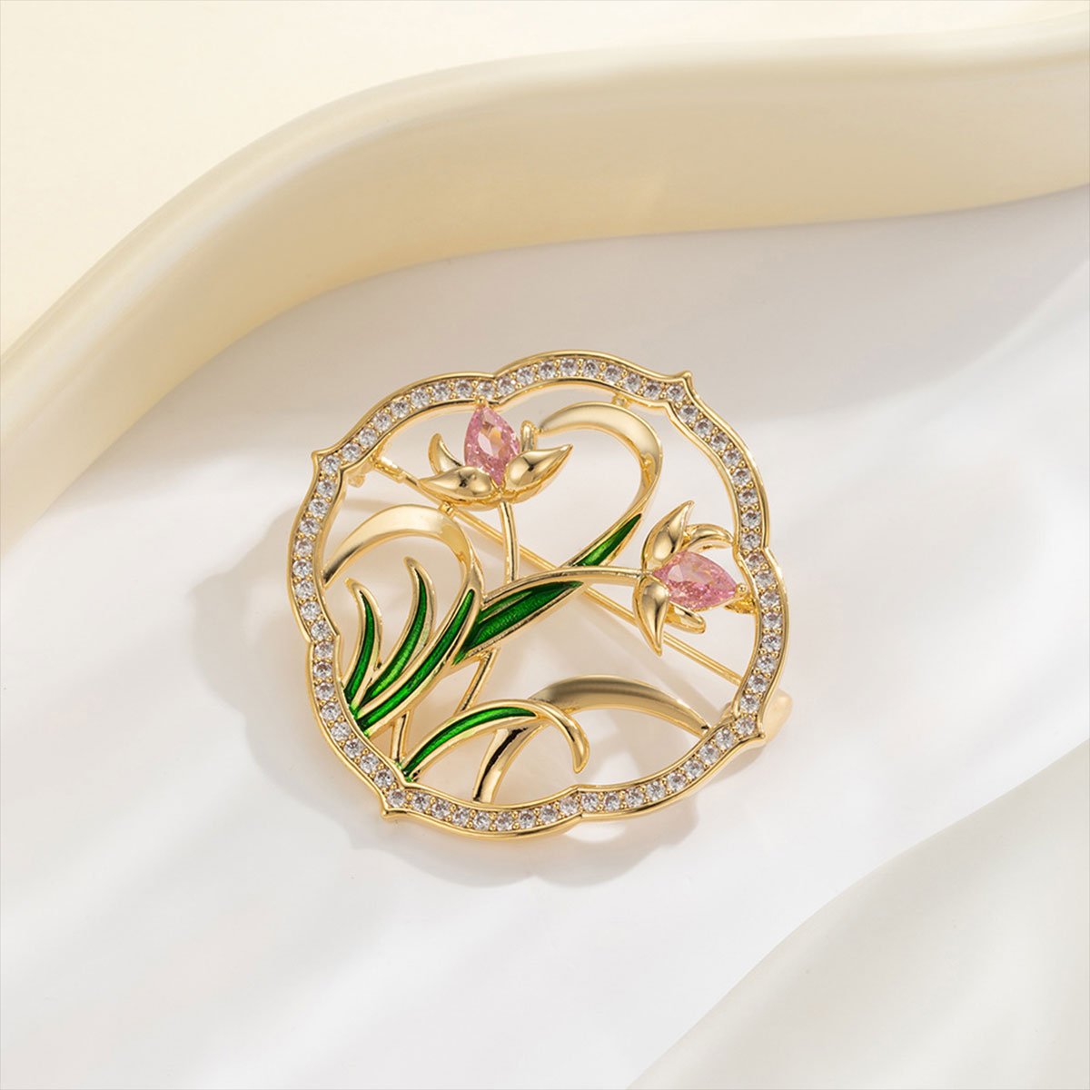 Elegant Gold Flower Brooch for Women with Pink and Green Enamel Accents and Rhinestones