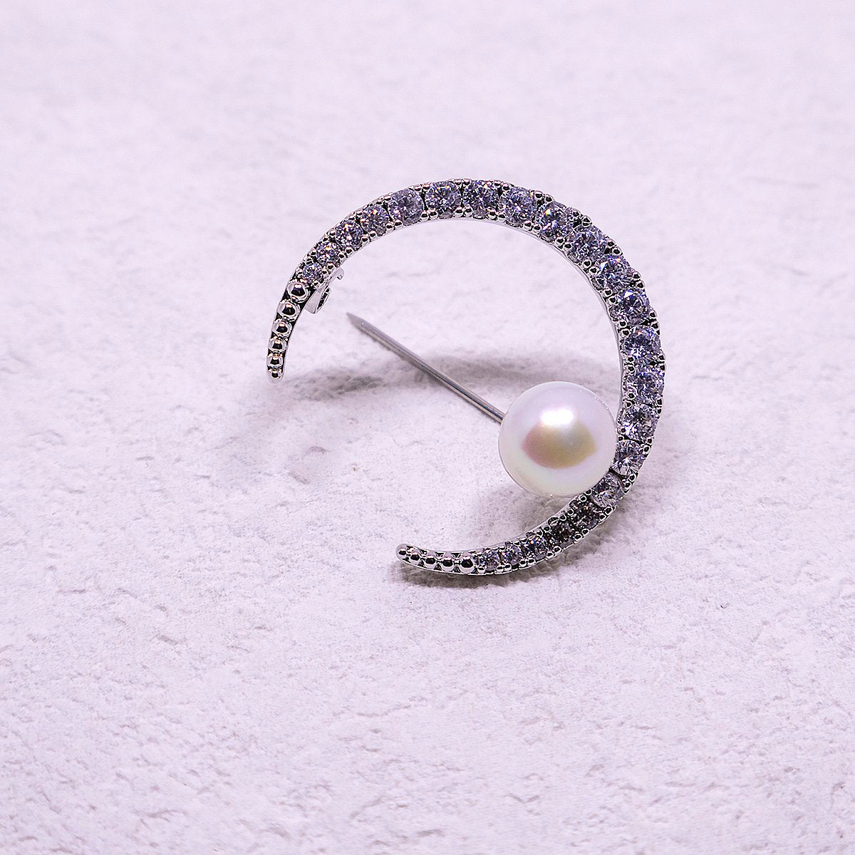 Moon Shaped Pearl Brooch with Rhinestones