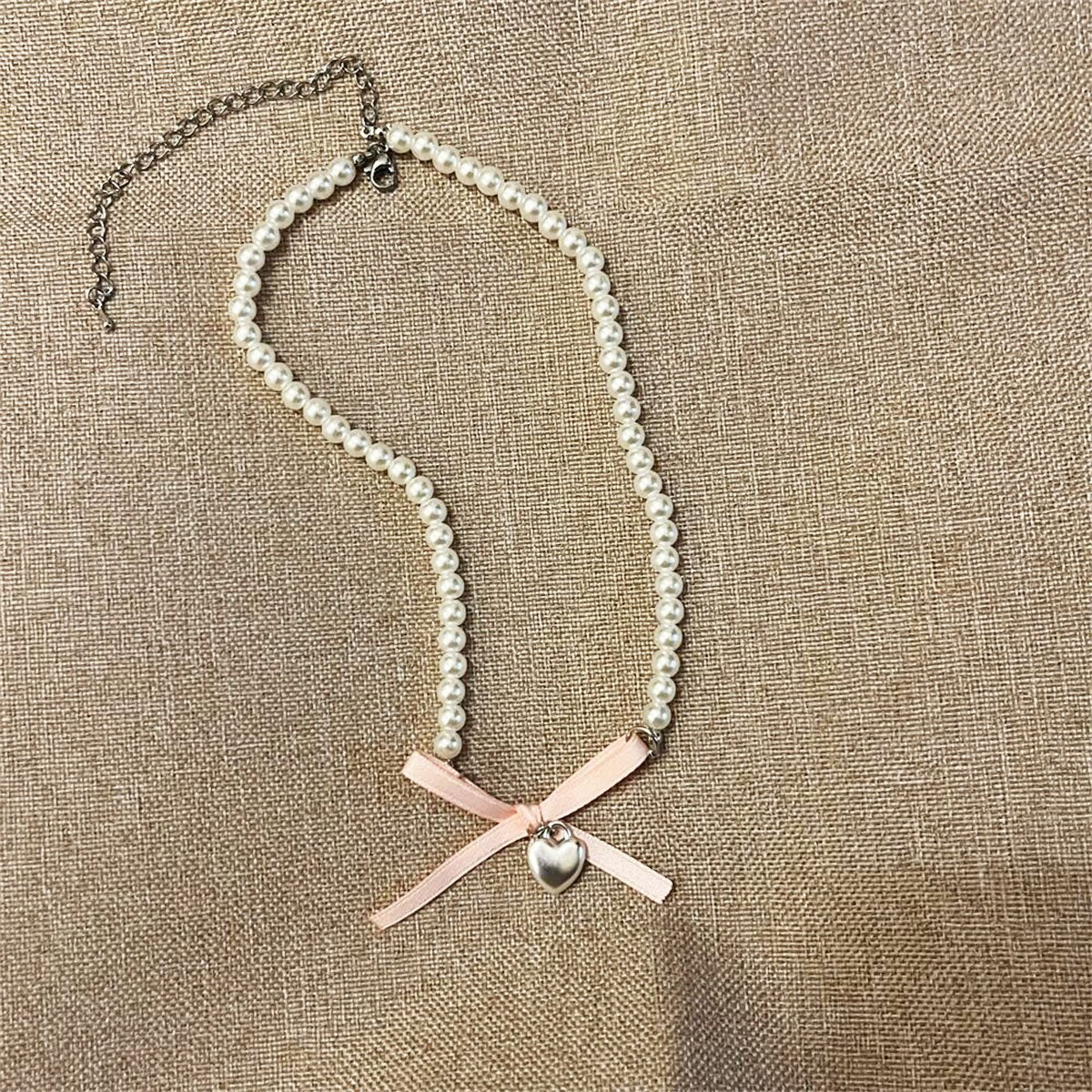 Pearl Necklace with Pink Bow and Heart