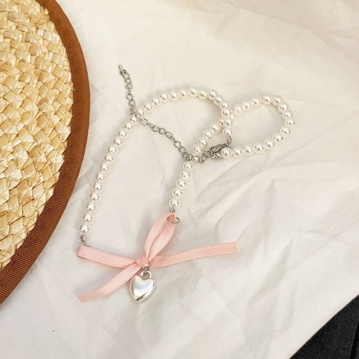 Pearl Necklace with Pink Bow and Heart