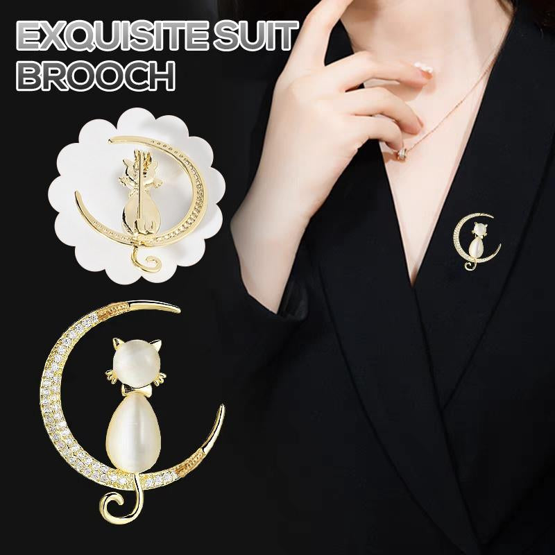 Elegant Crescent Moon Cat Brooch