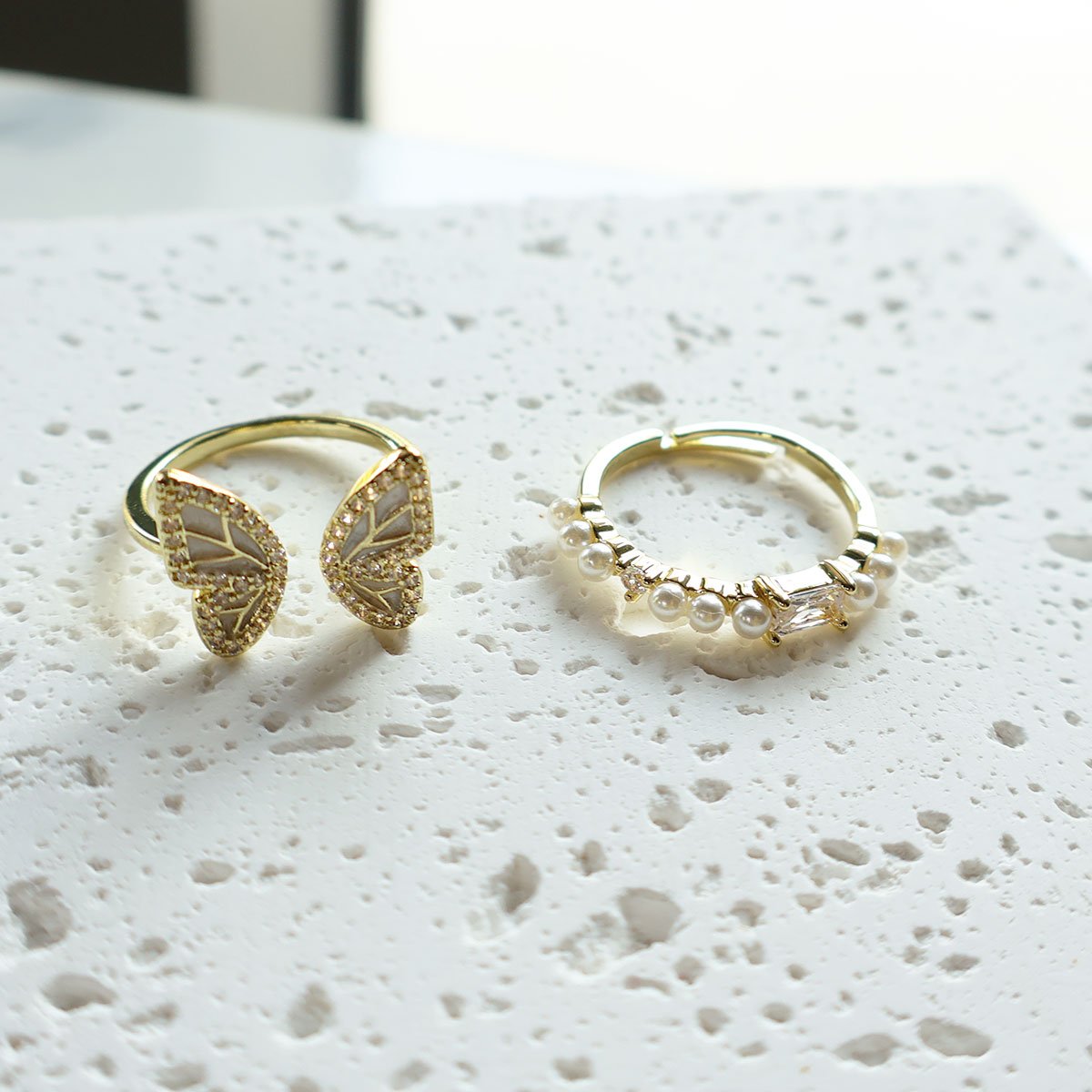 Elegant Gold Butterfly Ring Set for Women with Intricate Design and Pearls