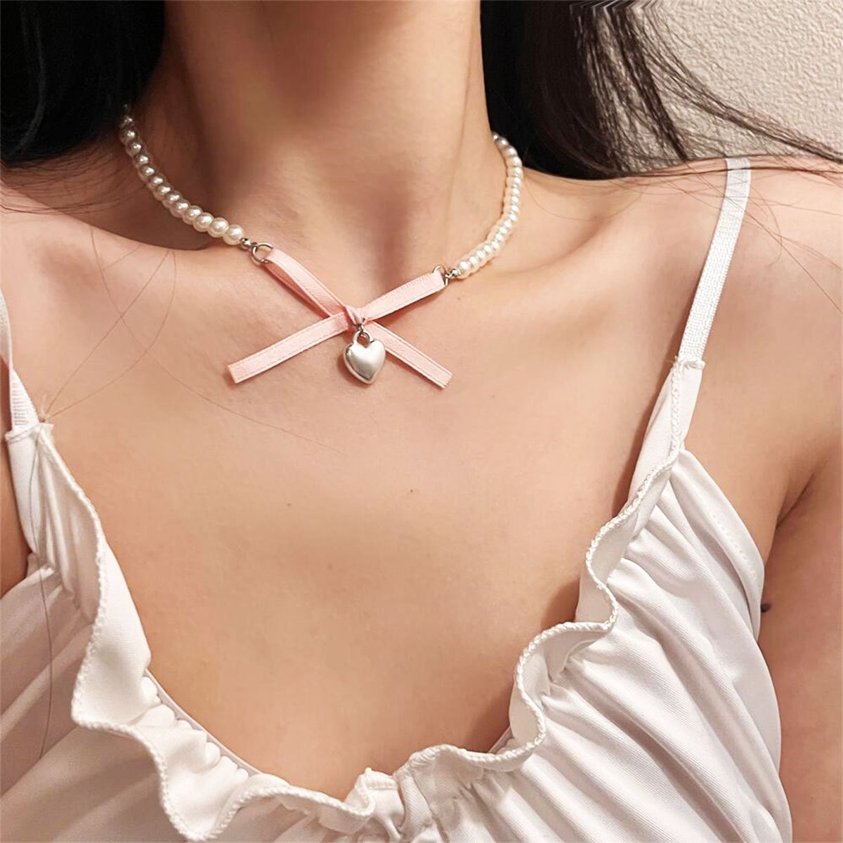 Pearl Necklace with Pink Bow and Heart